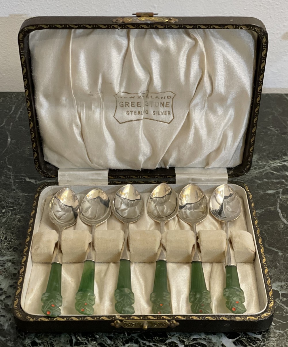 Set of Six New Zealand Greenstone & Silver Tea Spoons View II