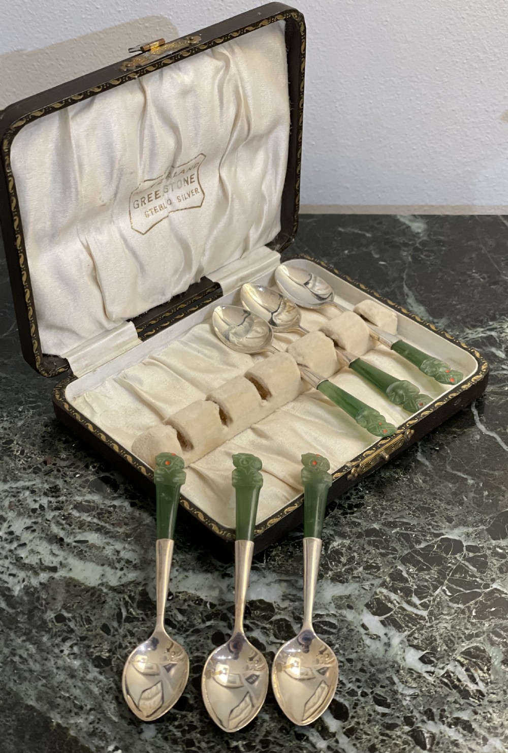 Set of Six New Zealand Greenstone & Silver Tea Spoons View III