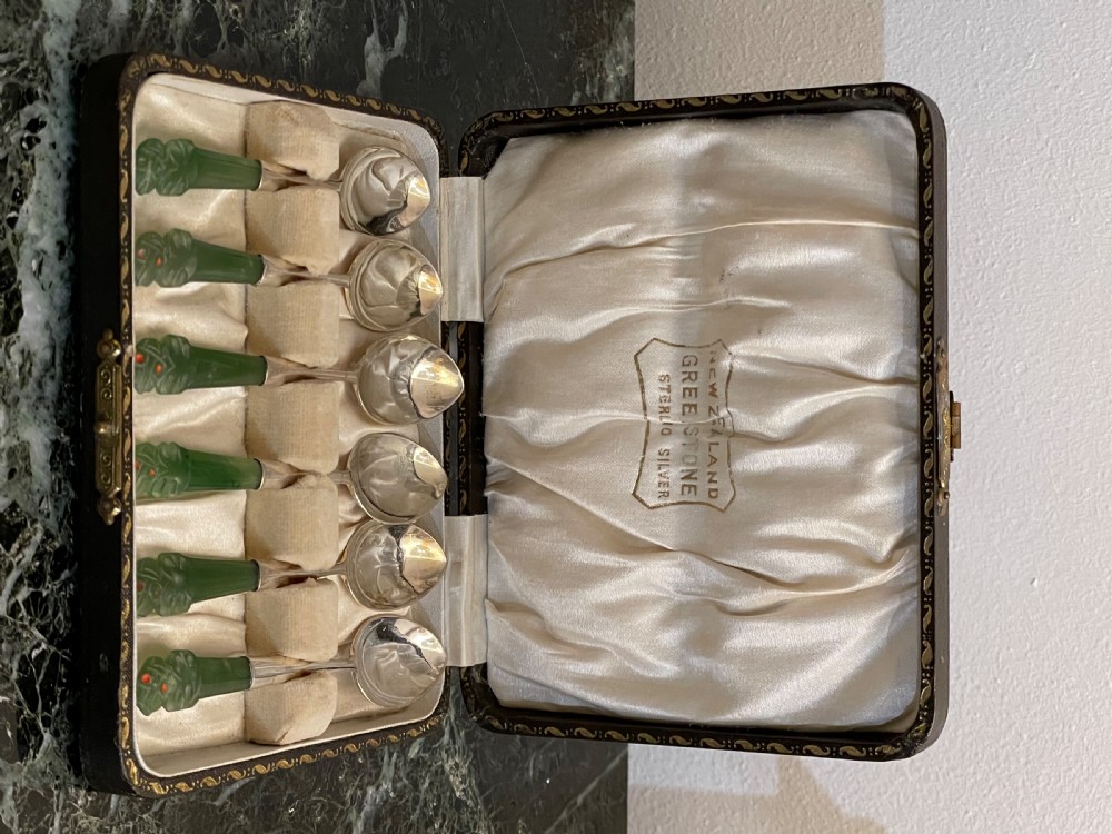 Set of Six New Zealand Greenstone & Silver Tea Spoons View VII