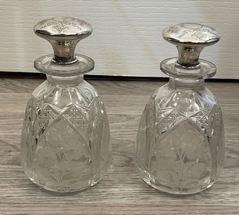 Beautiful Pair of Cut Glass & Silver Scent Perfume Bottles