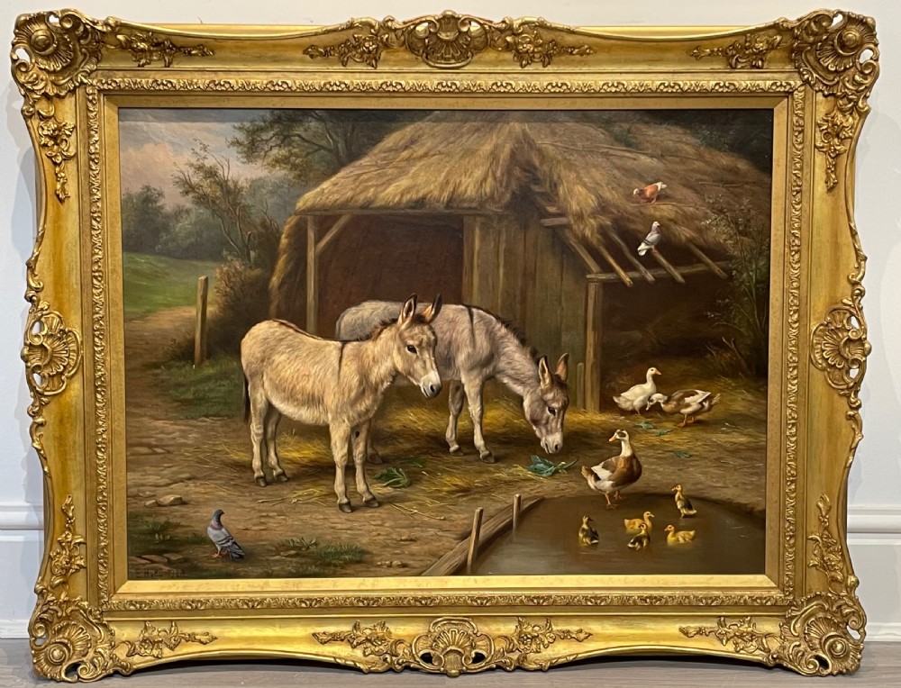 Edgar Hunt (1876 - 1953) Oil Painting of Donkeys beside a thatched barn