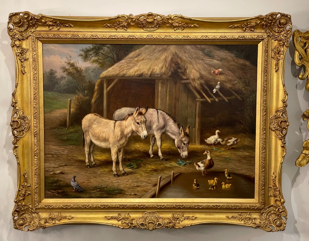 Edgar Hunt (1876 - 1953) Oil Painting of Donkeys beside a thatched barn View II