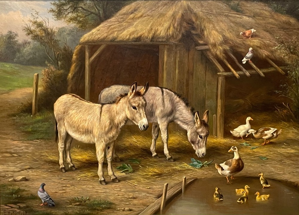 Edgar Hunt (1876 - 1953) Oil Painting of Donkeys beside a thatched barn View III