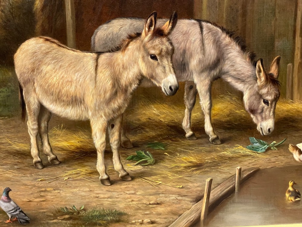 Edgar Hunt (1876 - 1953) Oil Painting of Donkeys beside a thatched barn View V