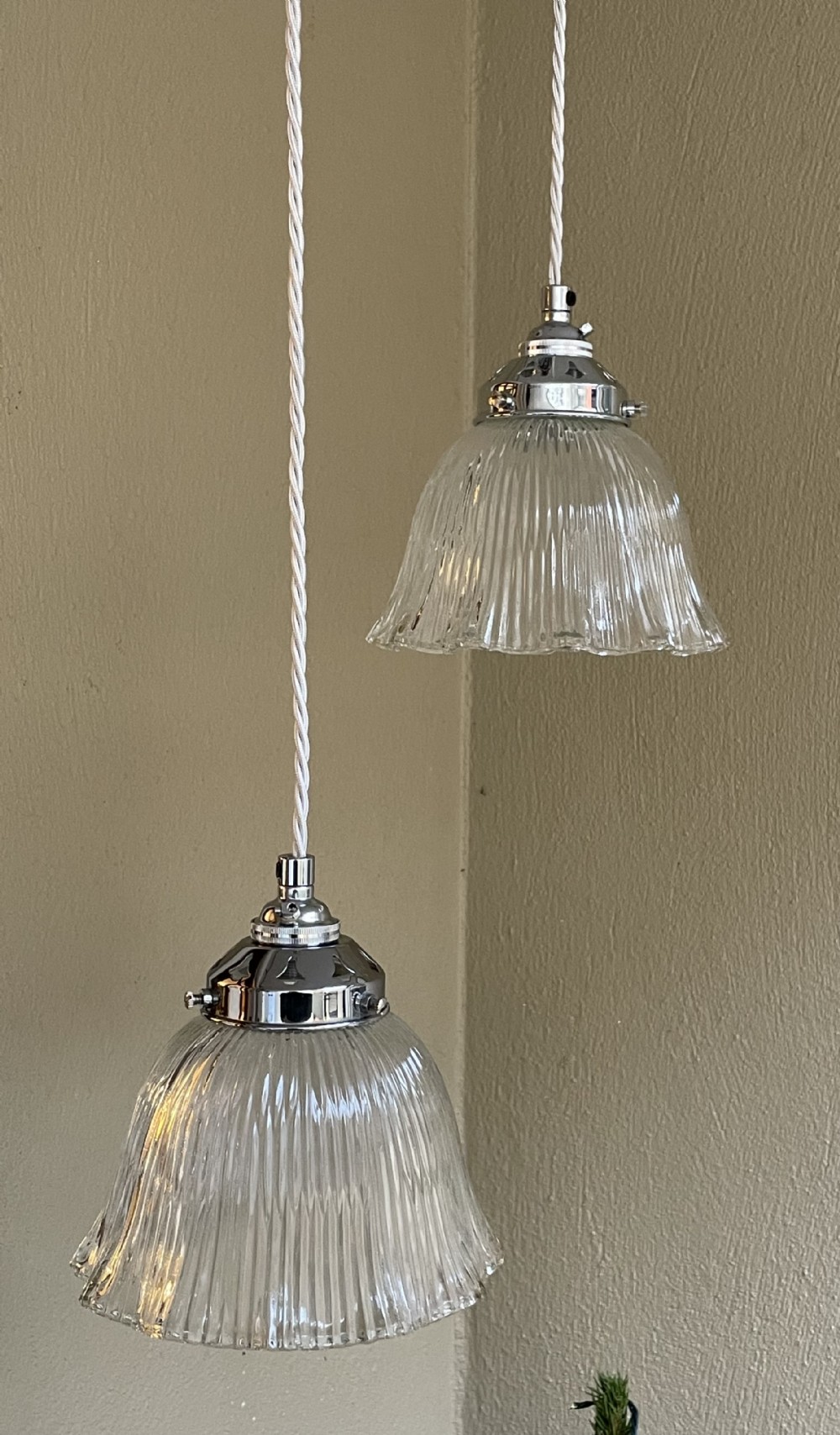 Pair of Holophane Style Pendants with Chrome Galleries