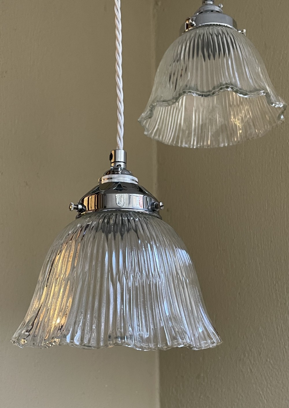 Pair of Holophane Style Pendants with Chrome Galleries View III