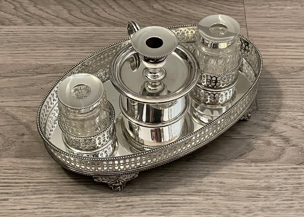 George III Style Silver Inkwell and Ink stand, Chester 1906 View XII