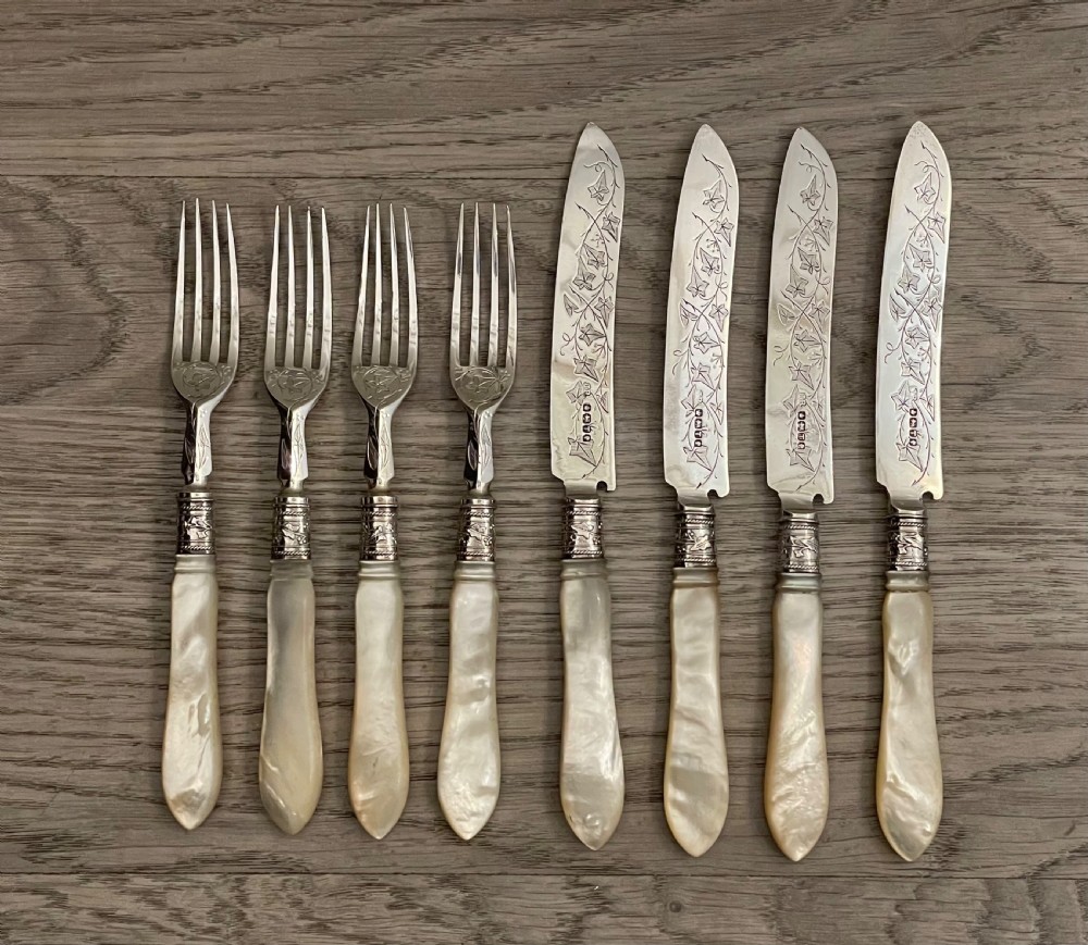 Set of Four Victorian Silver and Mother of Pearl Dessert Knives and Forks, 1886