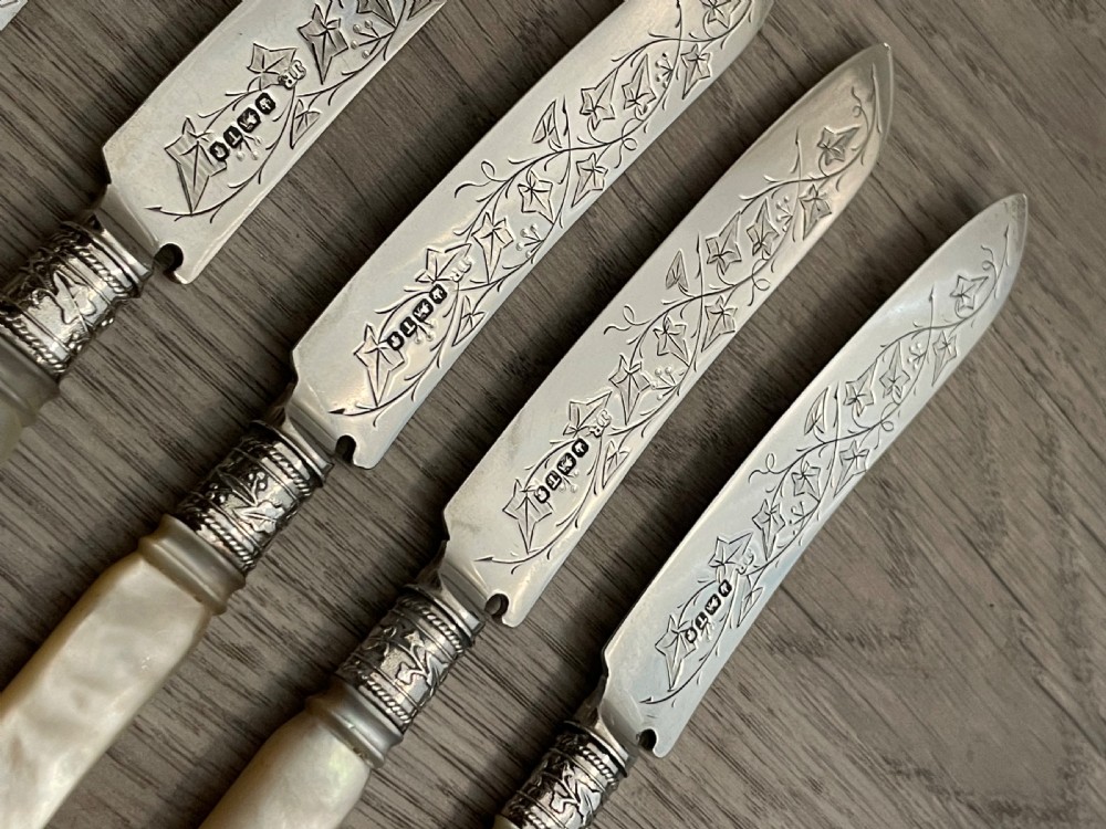 Set of Four Victorian Silver and Mother of Pearl Dessert Knives and Forks, 1886 View X