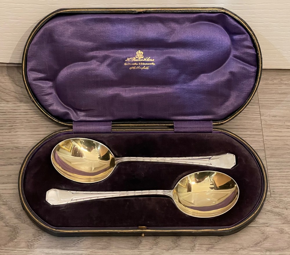 Pair Arts & Crafts Silver Serving Spoons, Hallmarked Sheffield by Lee & Wigfull. Registered Design number dated 1905