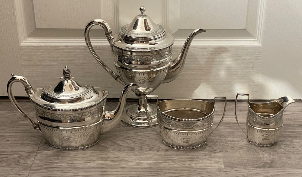 Rare George III Four Piece Solid Silver Tea Set & Coffee Pot By Bateman