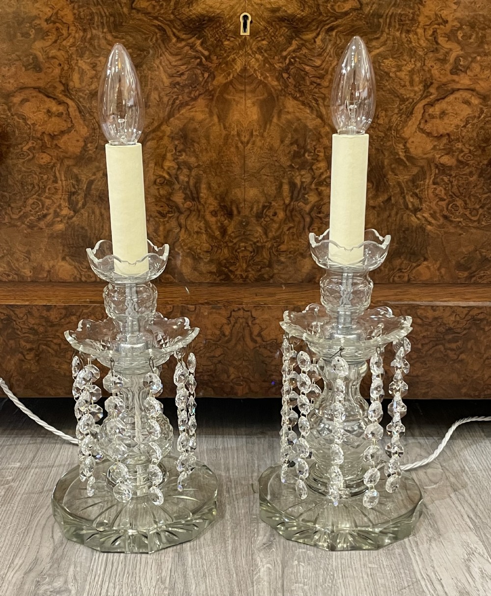 Pair of Early 20th Century Cut Glass Mantle Table Lamps