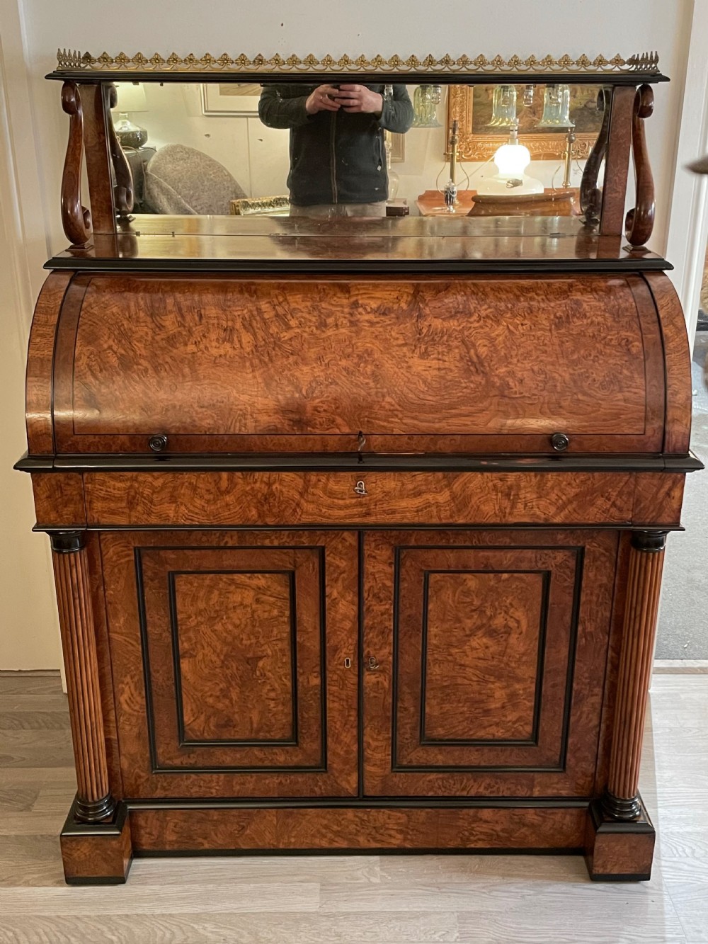 Regency Burr Elm and Ebony Cylinder Desk