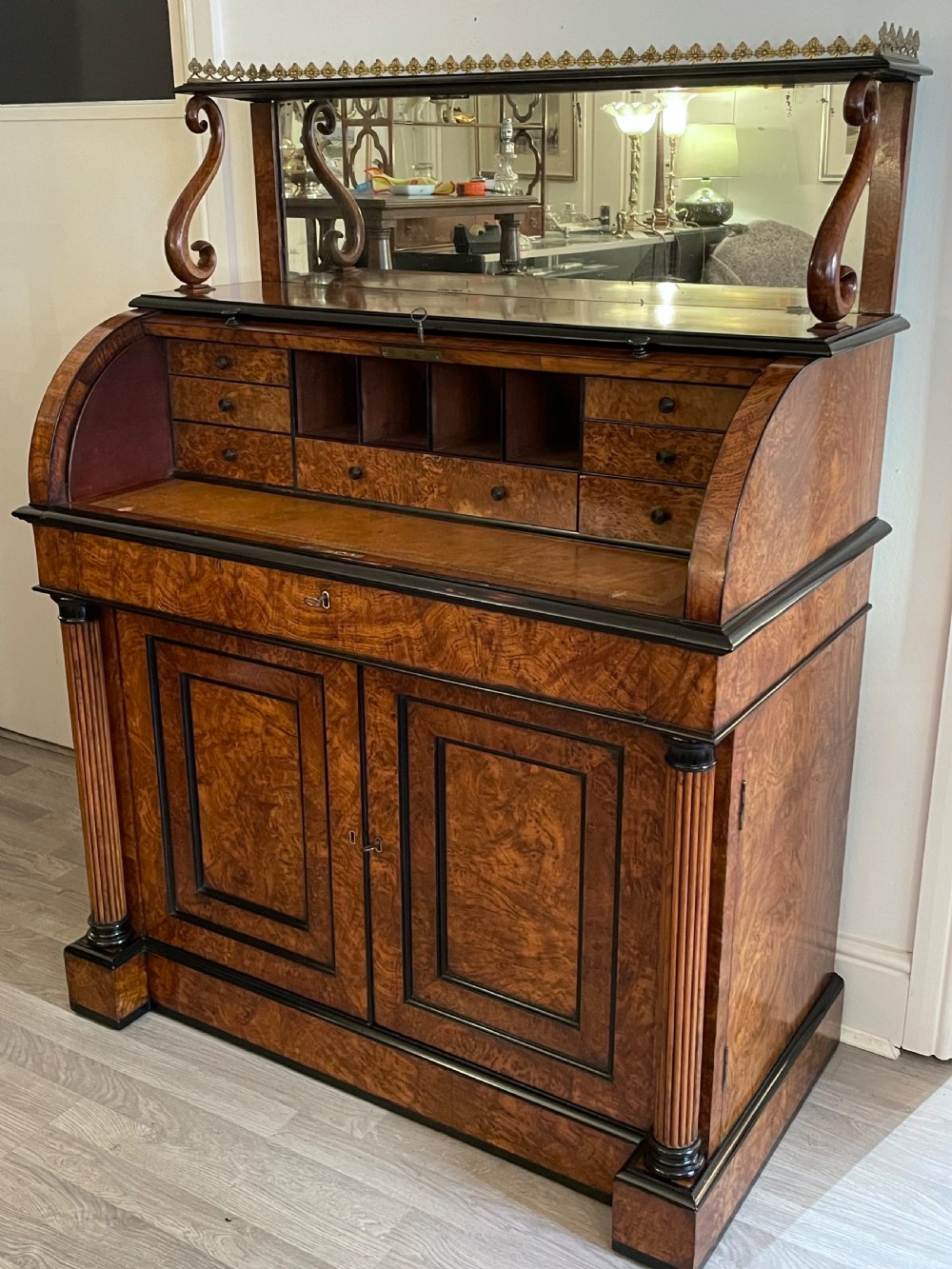 Regency Burr Elm and Ebony Cylinder Desk View III