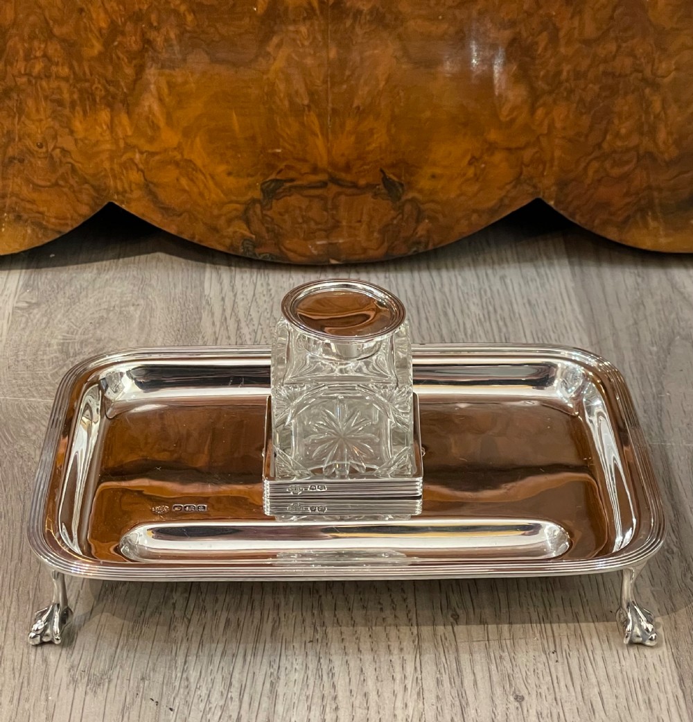 George V Solid Silver Inkwell Inkstand