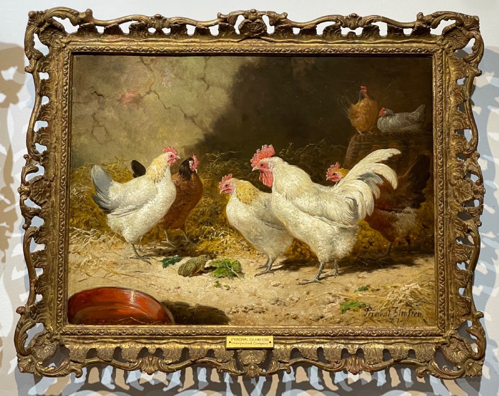 An antique Victorian oil painting depicting chickens and a rooster in a barn looking at a small frog, housed in an ornate pierced giltwood frame.