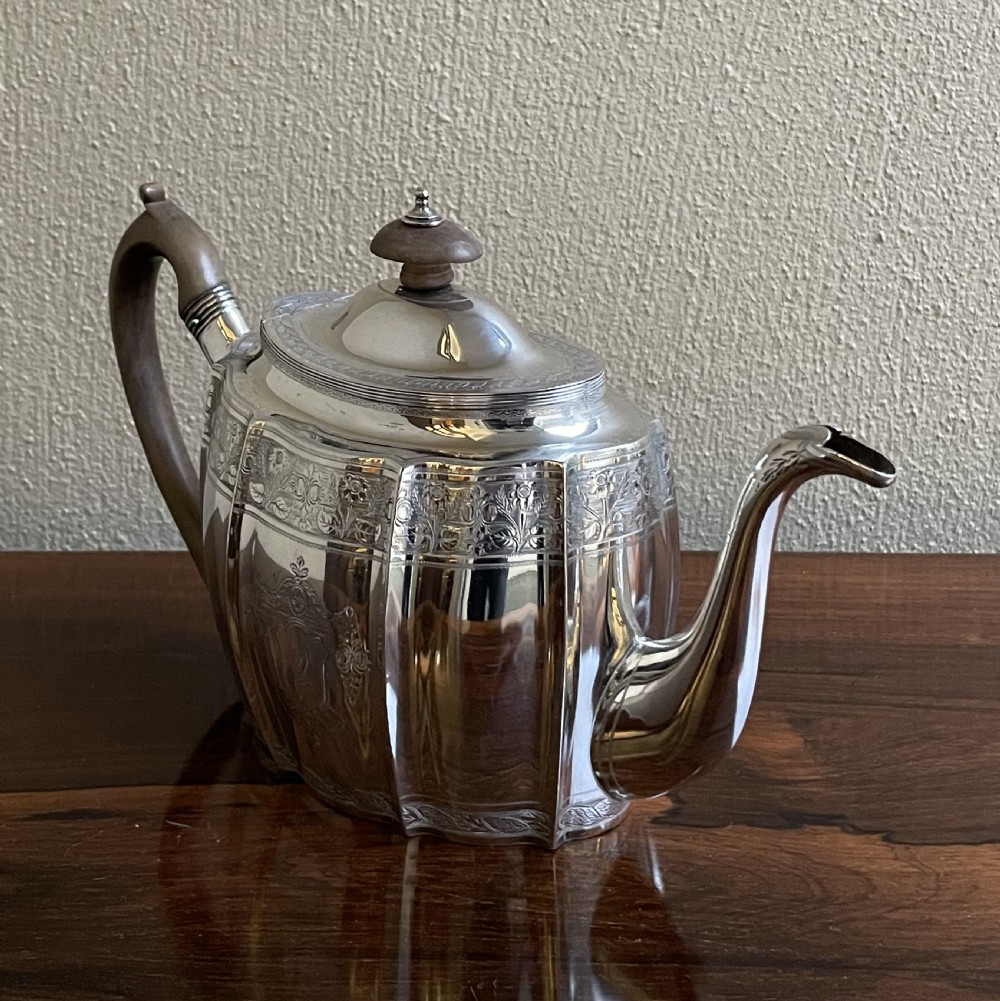 George III Bright Cut Silver Teapot, 1798 View II