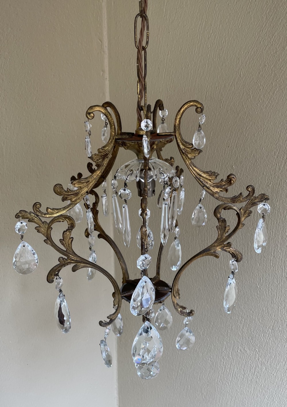 Pretty Gilt and Crystal Single Light Birdcage Chandelier 
