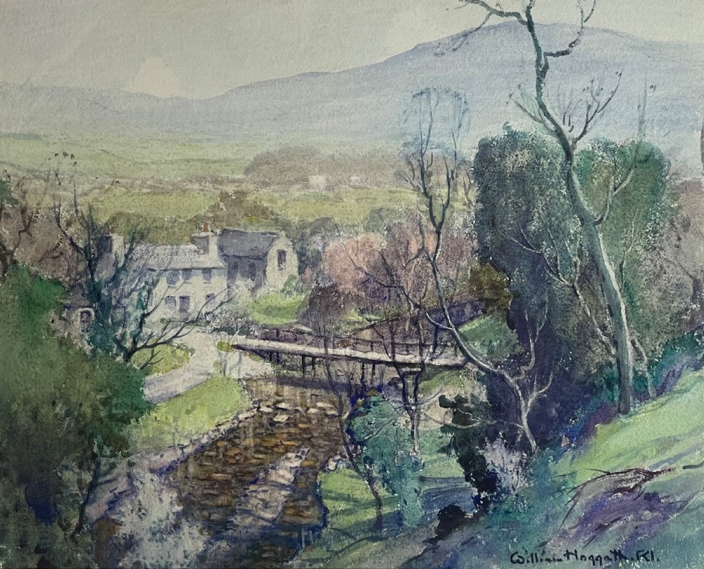 A framed watercolour landscape painting depicting a flowing stream with a wooden footbridge, stone cottages, and distant hills. View III