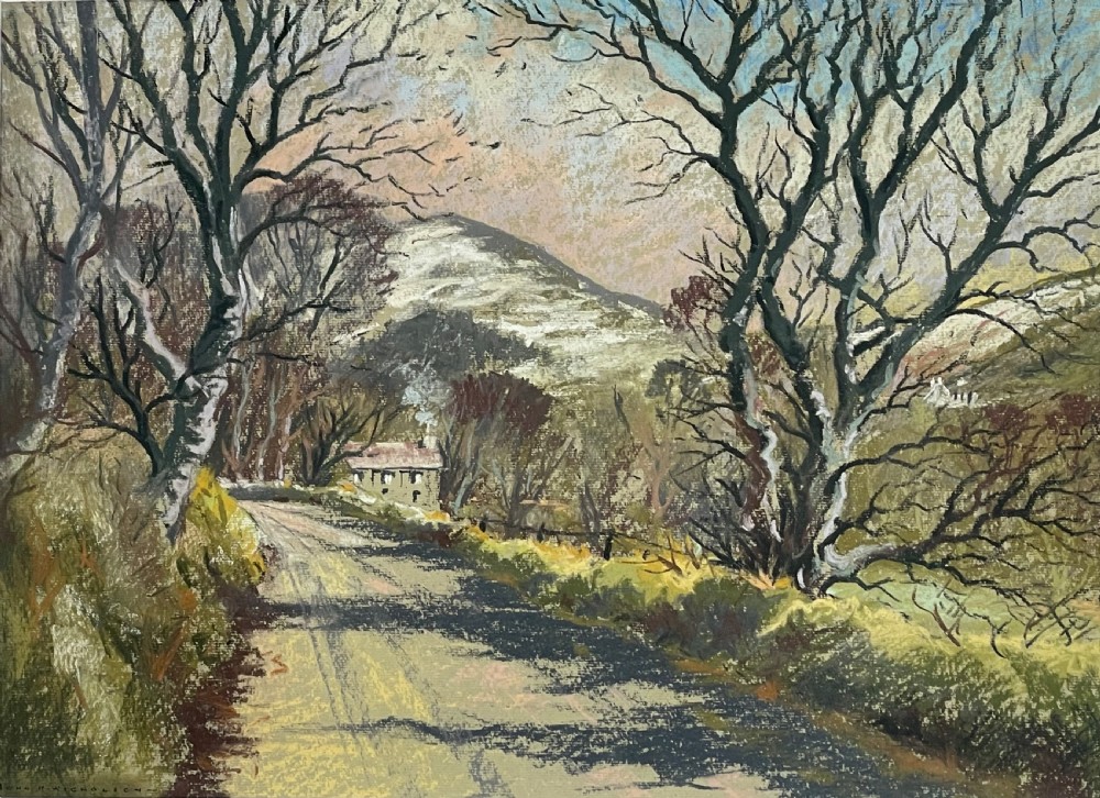 A framed pastel landscape drawing depicting a winding country lane flanked by bare trees with a snow-dusted hill in the background, set in a gold frame with a cream mount. View II