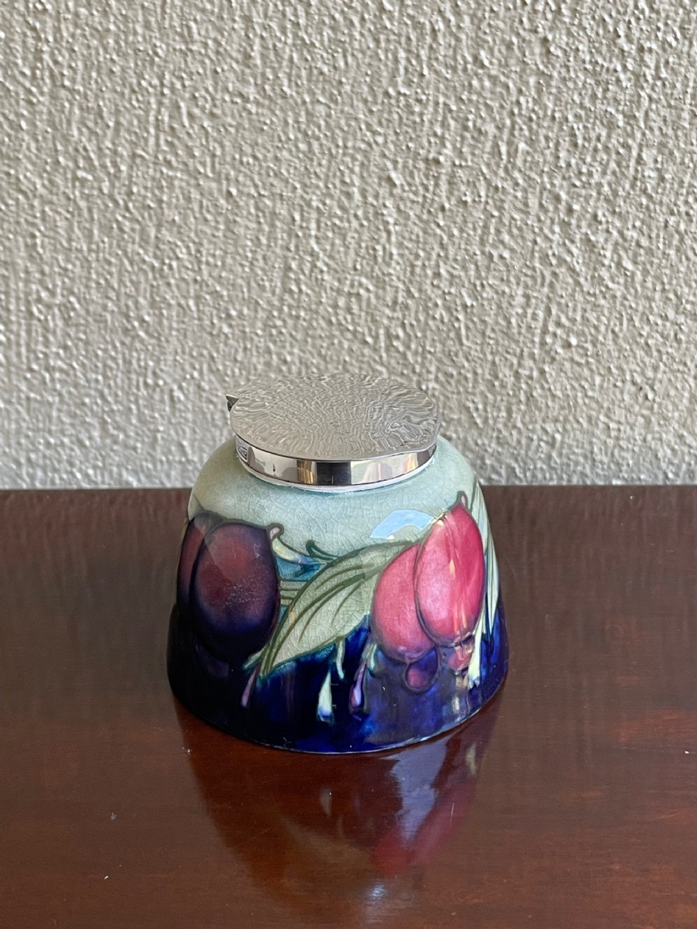 Moorcroft Wisteria Pattern Inkwell with Sterling Silver Lid