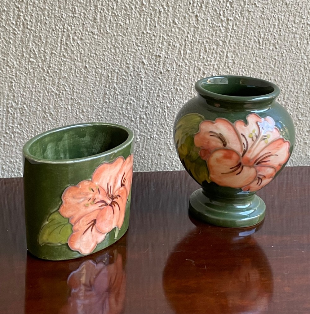 Moorcroft Coral Hibiscus on Olive Green - Small Vase and Oval Pot View II