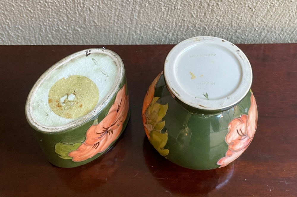Moorcroft Coral Hibiscus on Olive Green - Small Vase and Oval Pot View IV