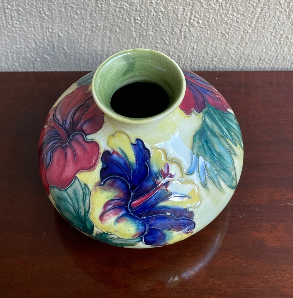 Moorcroft Squat Vase Hibiscus Pattern on Yellow Background View IV