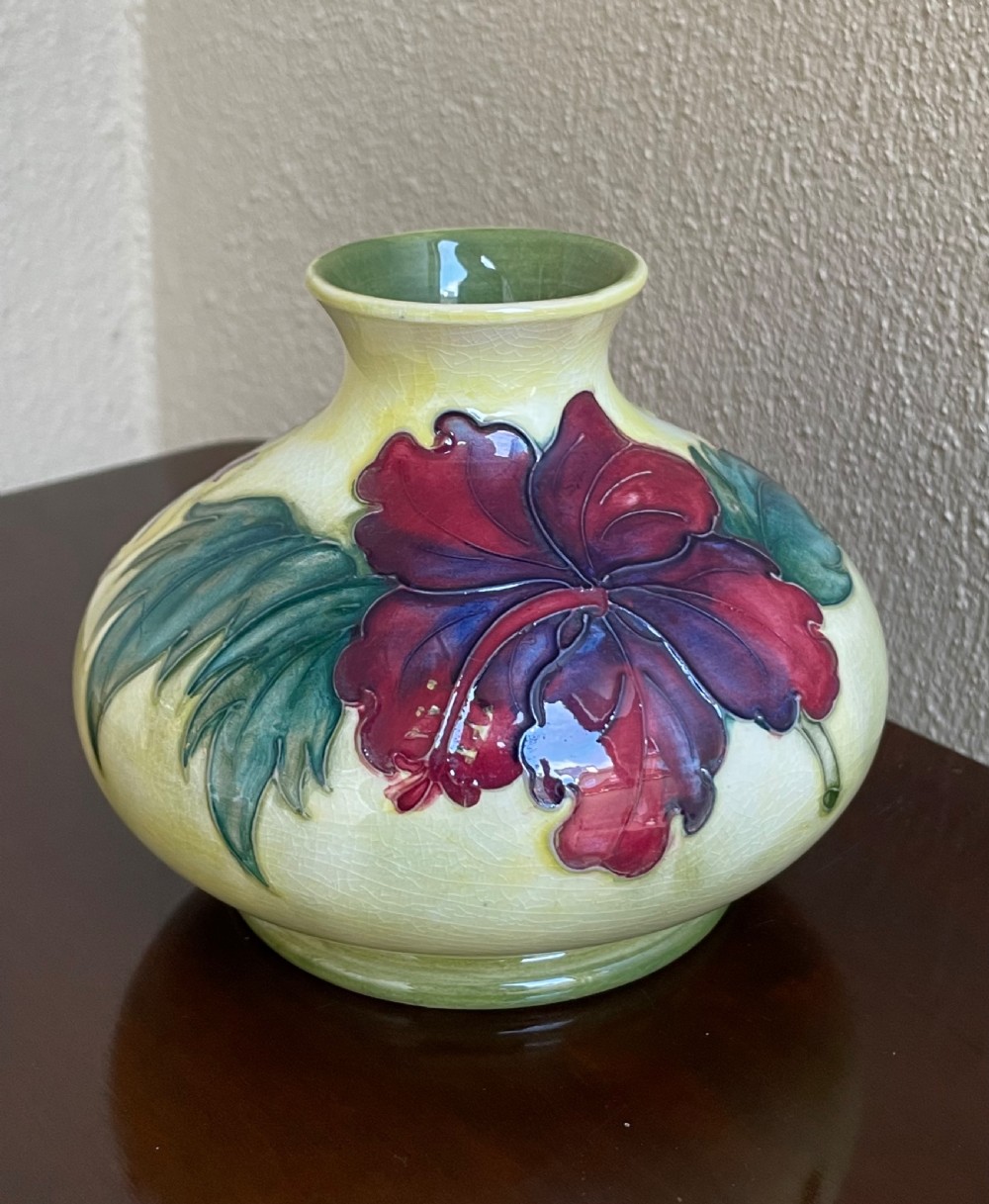 Moorcroft Squat Vase Hibiscus Pattern on Yellow Background View VI
