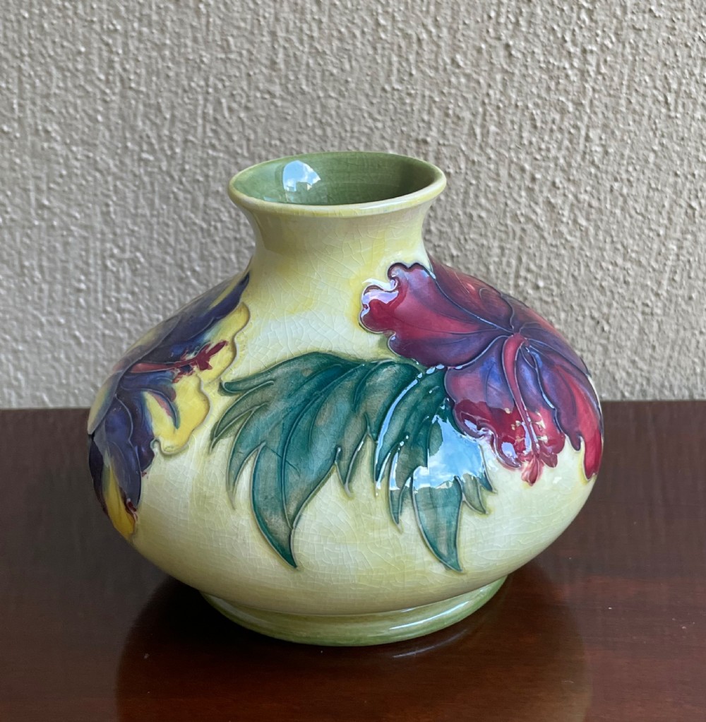 Moorcroft Squat Vase Hibiscus Pattern on Yellow Background View VII