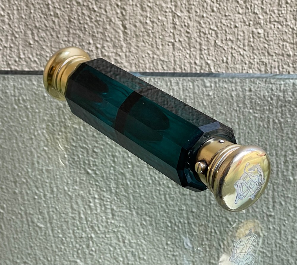 Victorian Green Glass & Silver Gilt Double Ended Scent Bottle