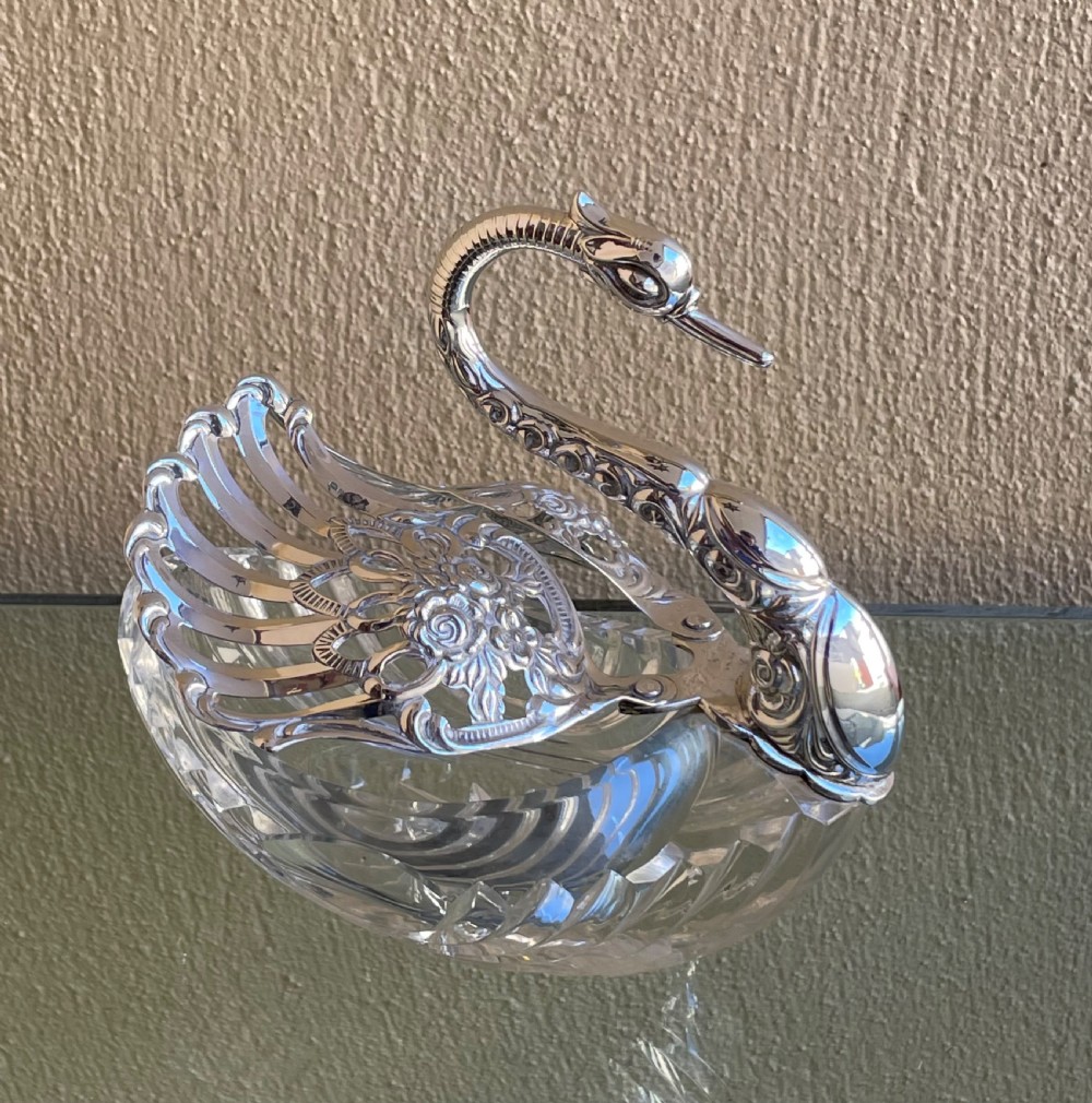 Large Cut Glass & Silver Swan Dish