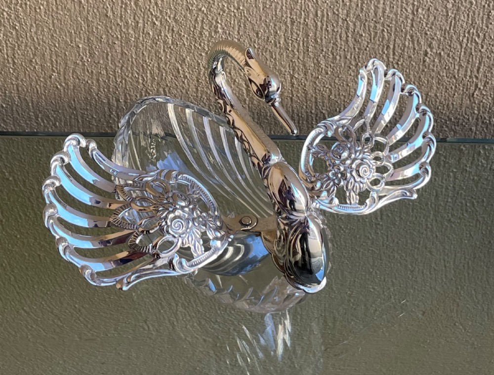 Large Cut Glass & Silver Swan Dish View II
