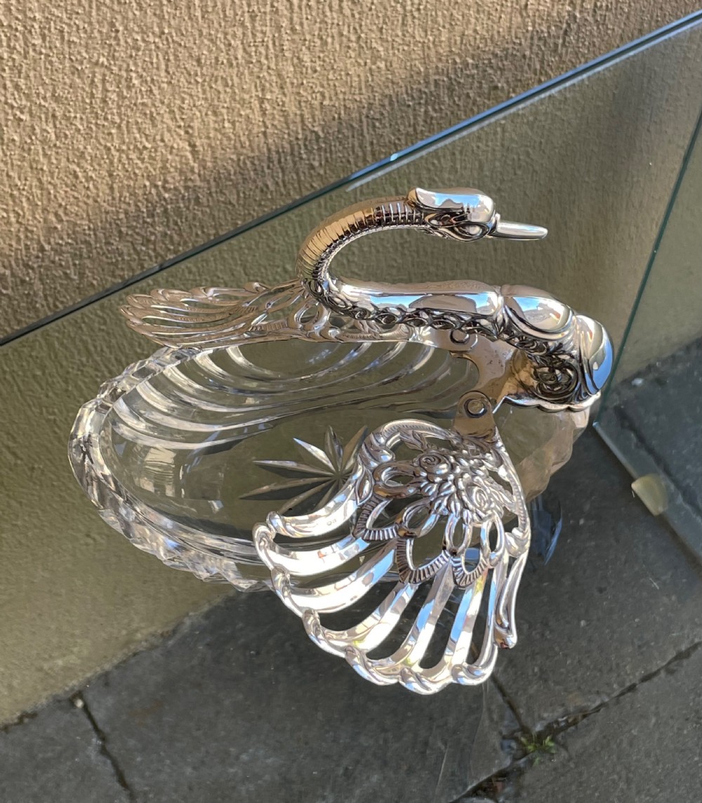 Large Cut Glass & Silver Swan Dish View III