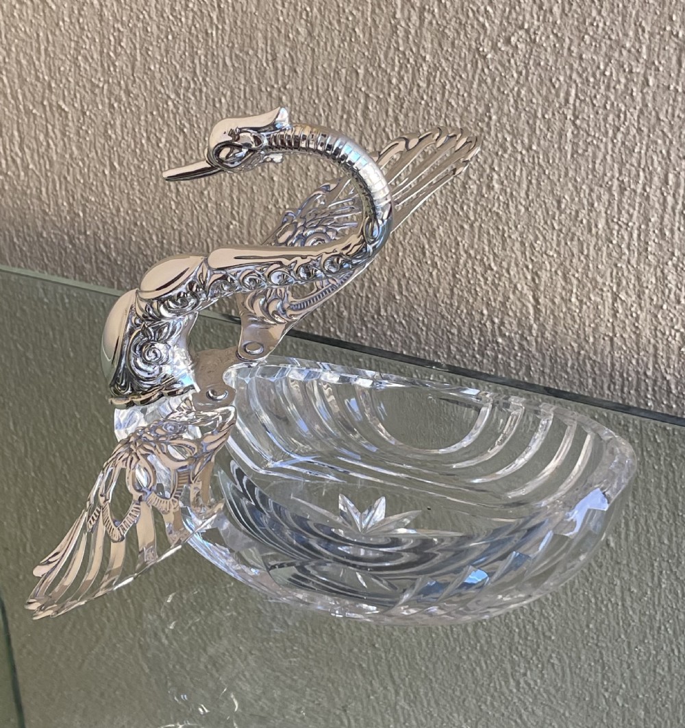 Large Cut Glass & Silver Swan Dish View VI
