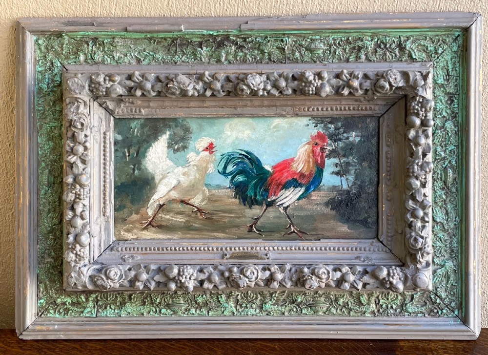 Oil Painting of Rooster and Hen