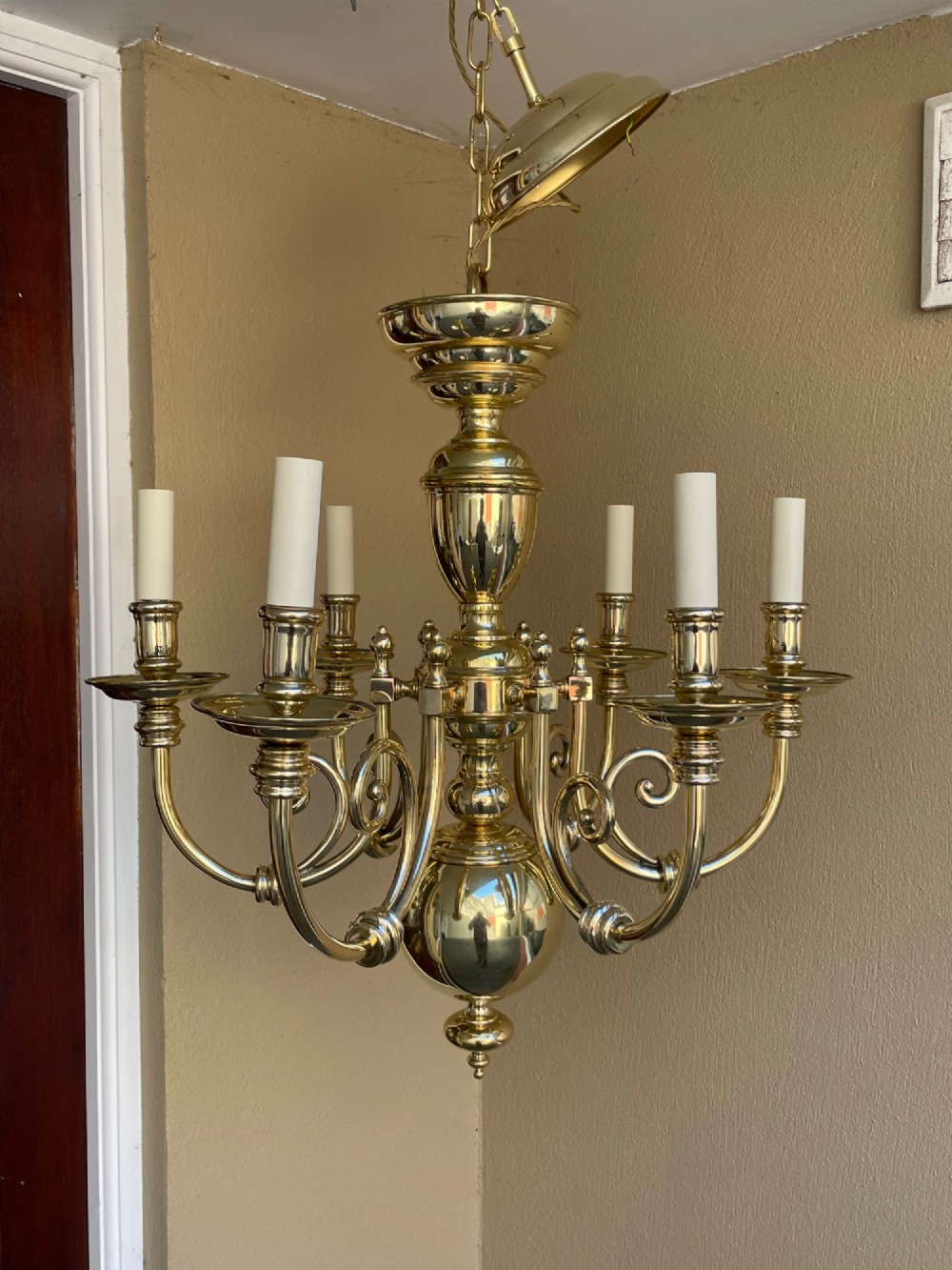 Large Early Twentieth Century Brass Six Arm Chandelier Ceiling Light