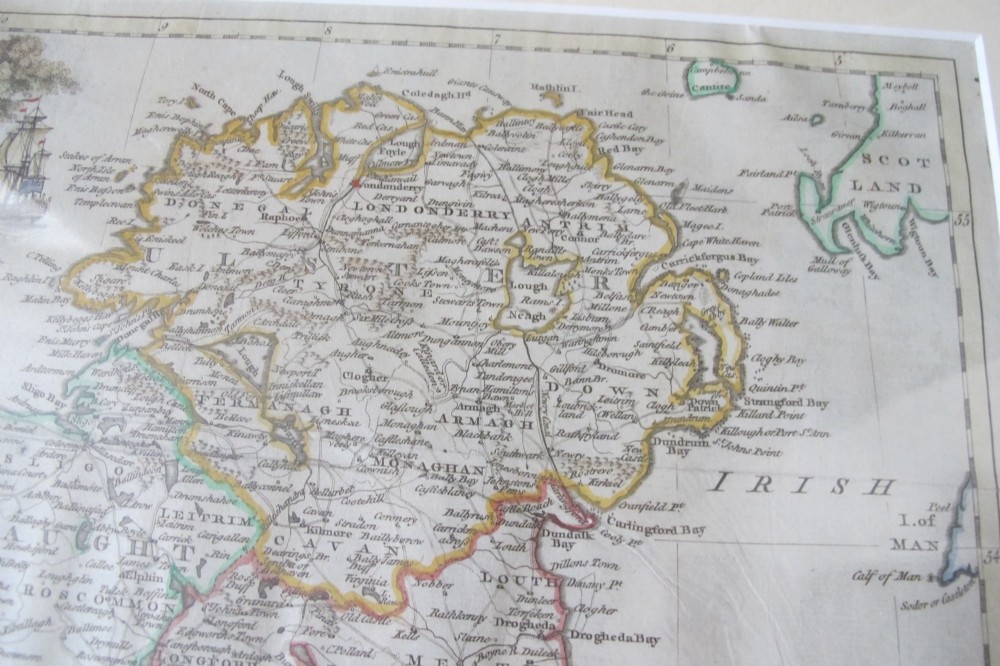 An eighteenth-century hand-coloured engraved map of Ireland presented within a broad off-white card mount. View III