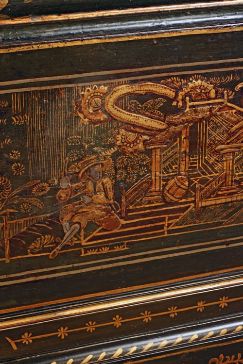 fig 1. Small green Lacquered/Chinoiserie longcase cloc,k by Shuckforth of Diss