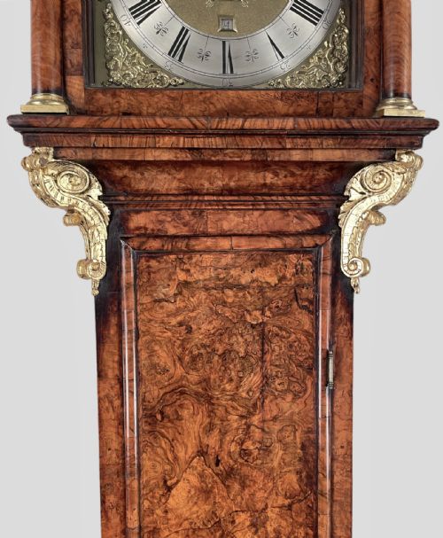 fig 1. Rare Burr walnut longcase clock with Tompion influence.