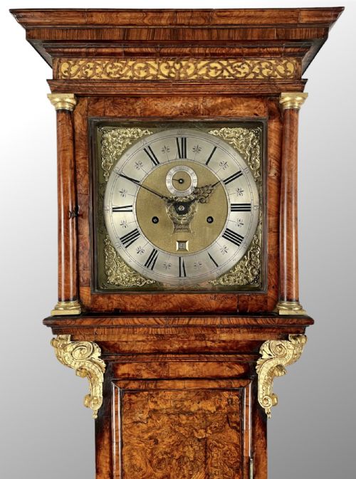 fig 4. Rare Burr walnut longcase clock with Tompion influence.