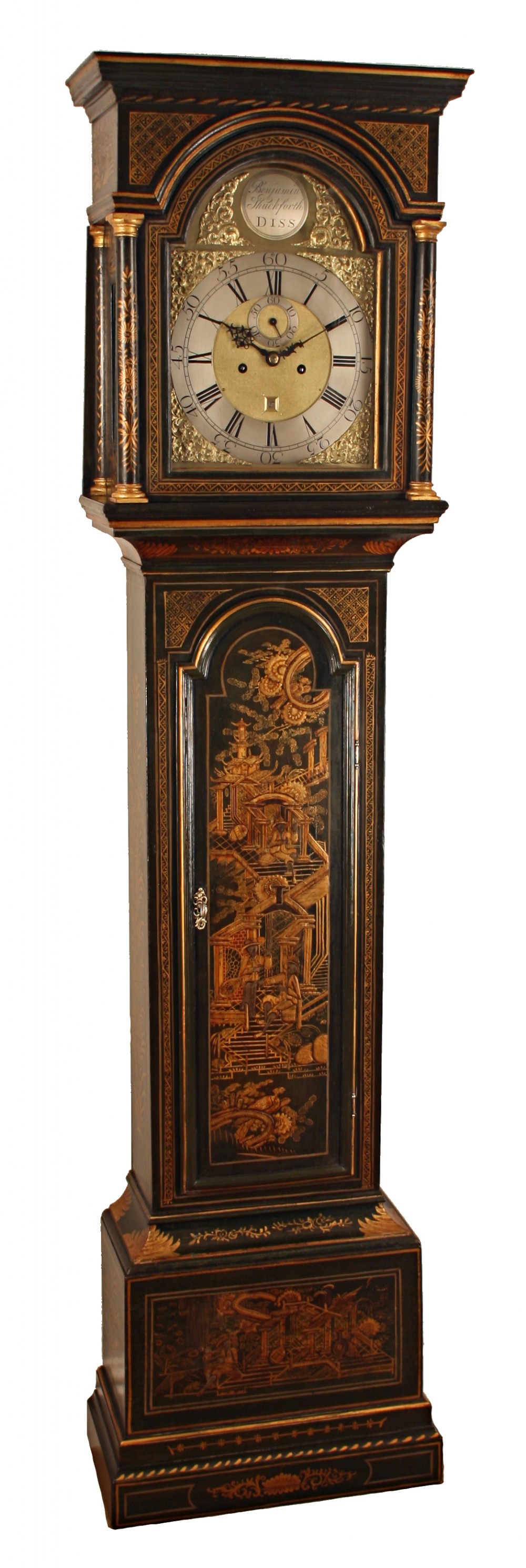 Small green Lacquered/Chinoiserie longcase cloc,k by Shuckforth of Diss