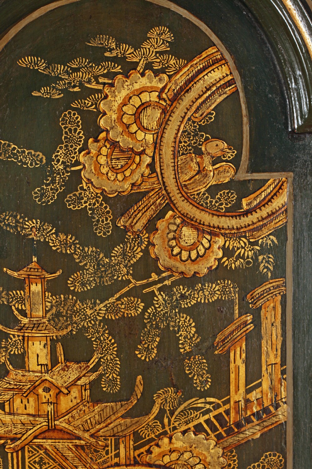 Small green Lacquered/Chinoiserie longcase cloc,k by Shuckforth of Diss View IV