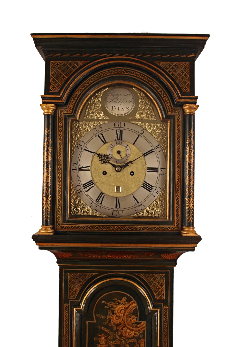 Small green Lacquered/Chinoiserie longcase cloc,k by Shuckforth of Diss View VII