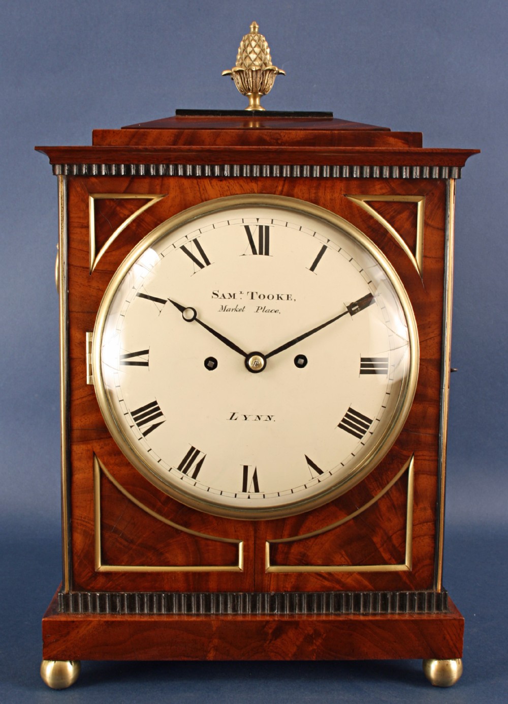 Mahogany chamfer top bracket clock by Tooke of Lynn