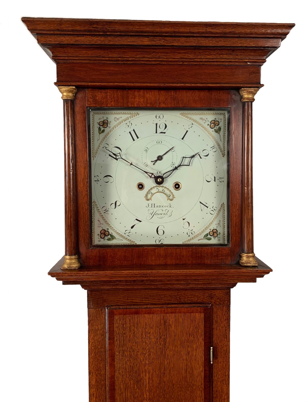 Small oak longcase clock by Hancock of Yeovil View VIII