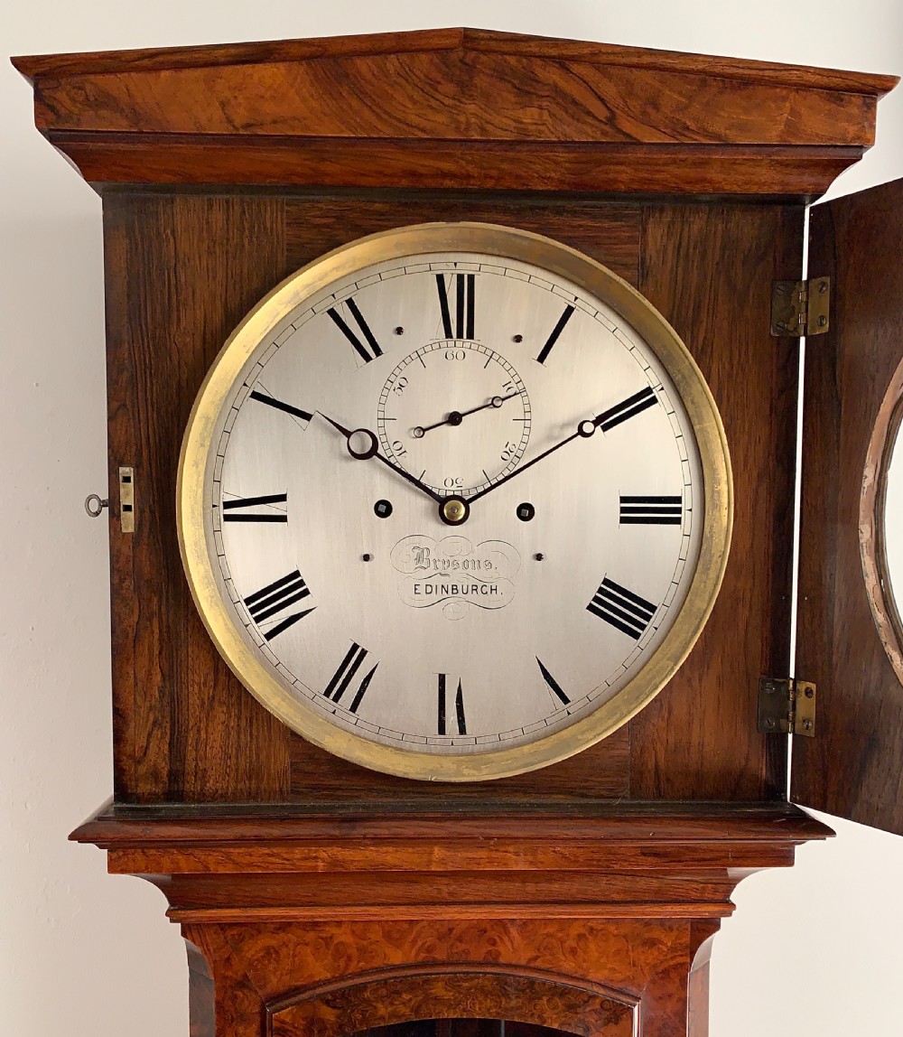Rare burr walnut Regulator longcase clock by Brysons of Edinburgh View V