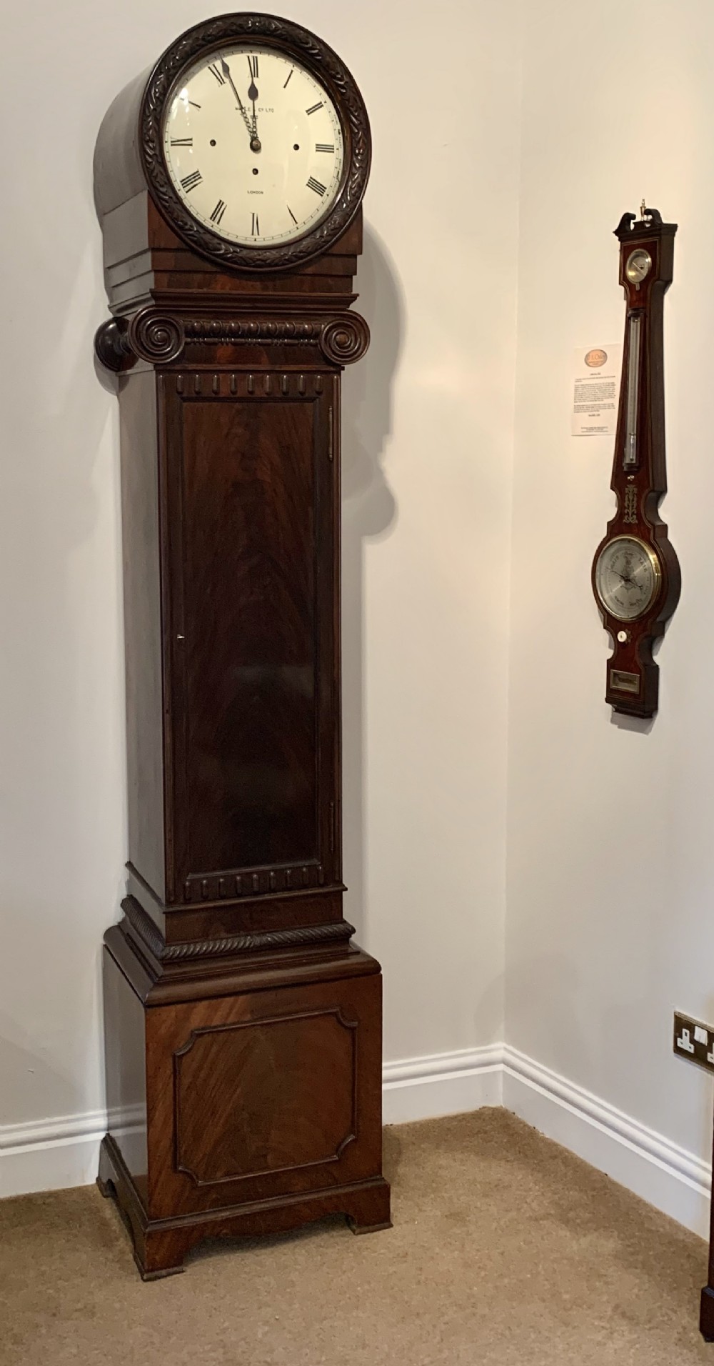 An Edwardian dark mahogany longcase clock featuring a circular white dial with Roman numerals, carved ionic capital columns, and a panelled base.
