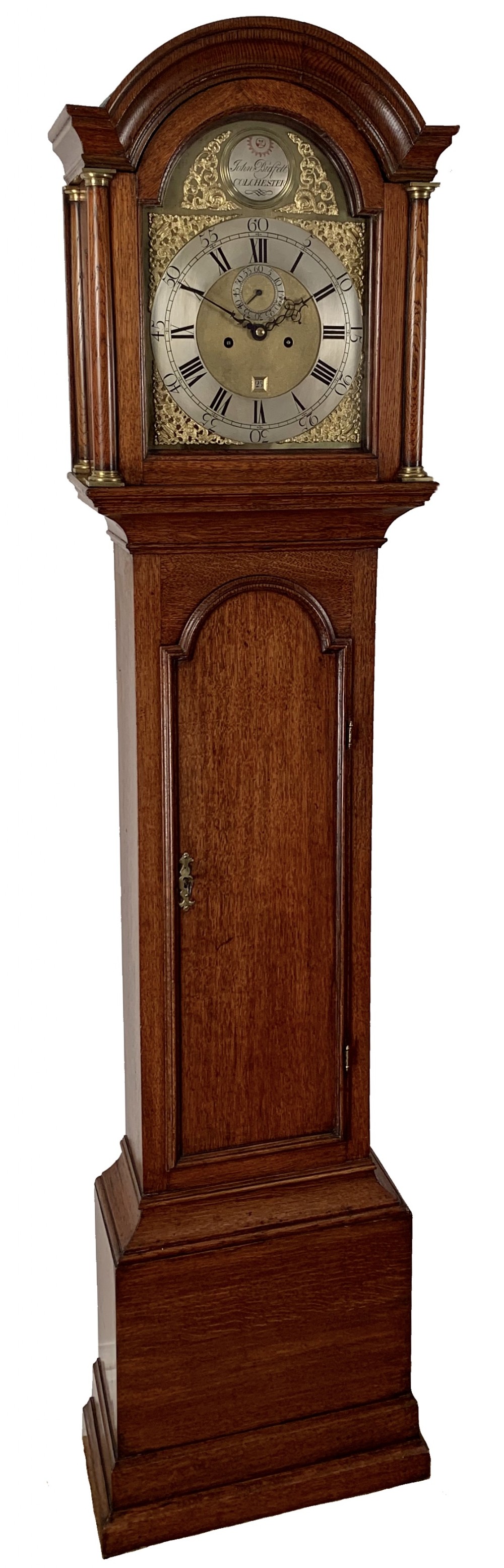Oak longcase clock by Buffett of Colchester