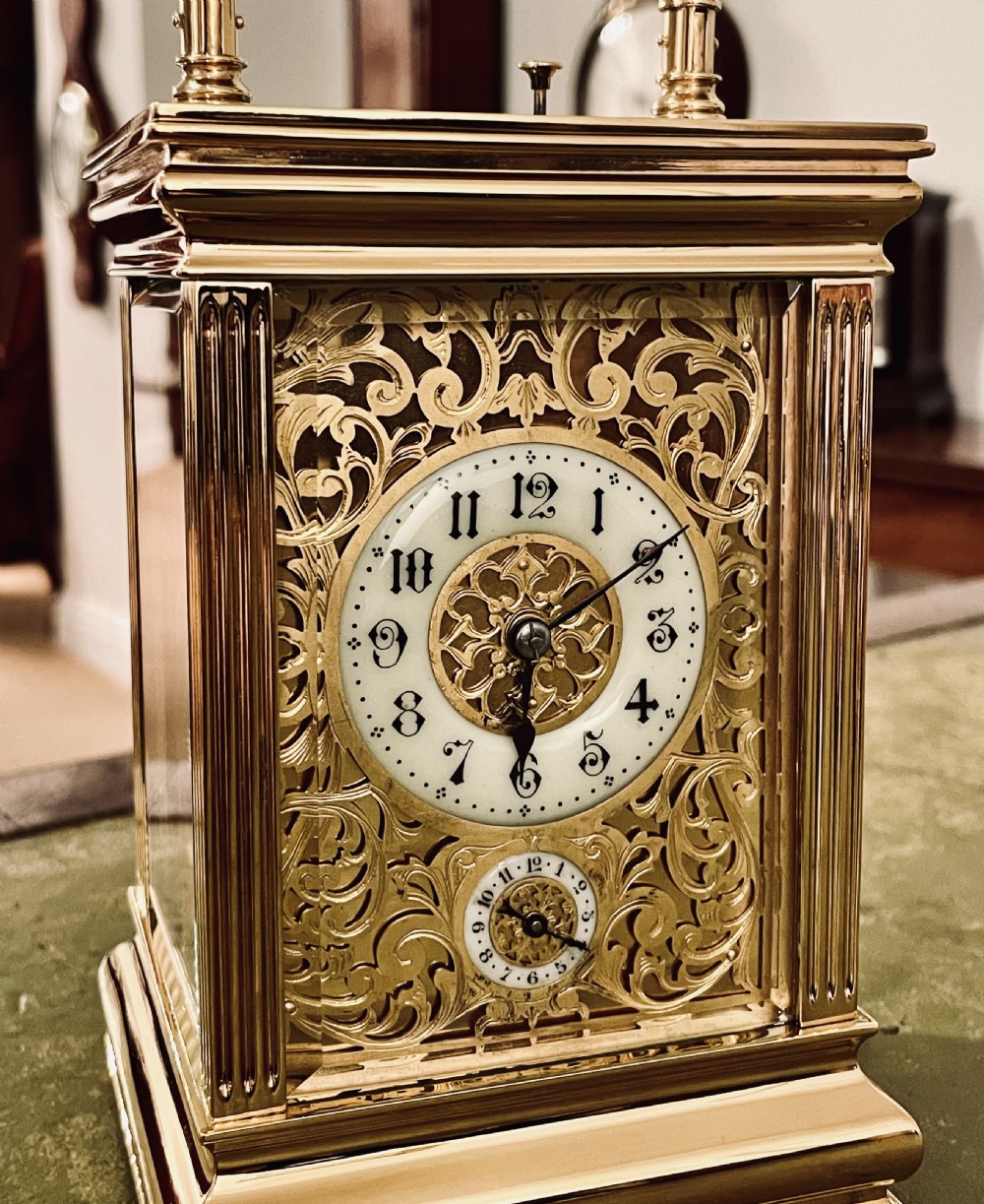 French carriage clock with elaborate gilt case View IV